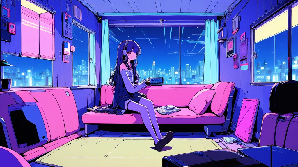(from behind), Anime girl sitting in front of a computer in a cozy bedroom, Girl listening to music while studying in a cozy room (night), round glasses, Using headphones, on the roof, (beautiful night views from windows), lots of things, 2D anime style, The aesthetics of anime in the 90s, lo-fi, long hair, very detailed, Hard disk, A mix of anime style and Fujifilm, surreal, 8K, masterpiece, violet eyes,black gloves, round glasses, long sleeves,violet hair, Flat Chest, smile, pantyhose