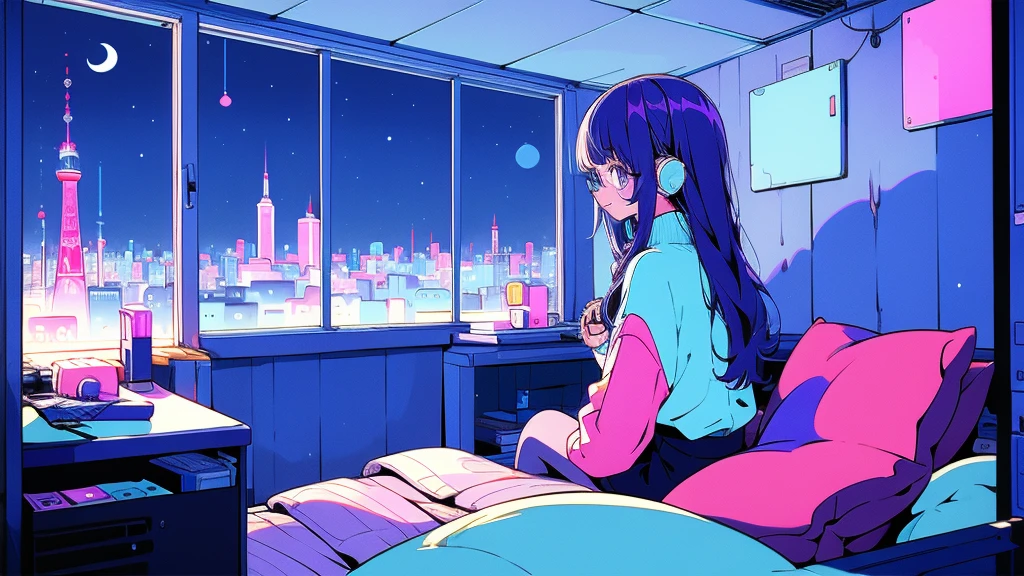 (from behind), Anime girl sitting in front of a computer in a cozy bedroom, Girl listening to music while studying in a cozy room (night), round glasses, Using headphones, on the roof, (beautiful night views from windows), lots of things, 2D anime style, The aesthetics of anime in the 90s, lo-fi,  long hair, very detailed, Hard disk, A mix of anime style and Fujifilm, surreal, 8K, masterpiece, violet eyes,black gloves, round glasses, long sleeves,violet hair, Flat Chest, smile, pantyhose