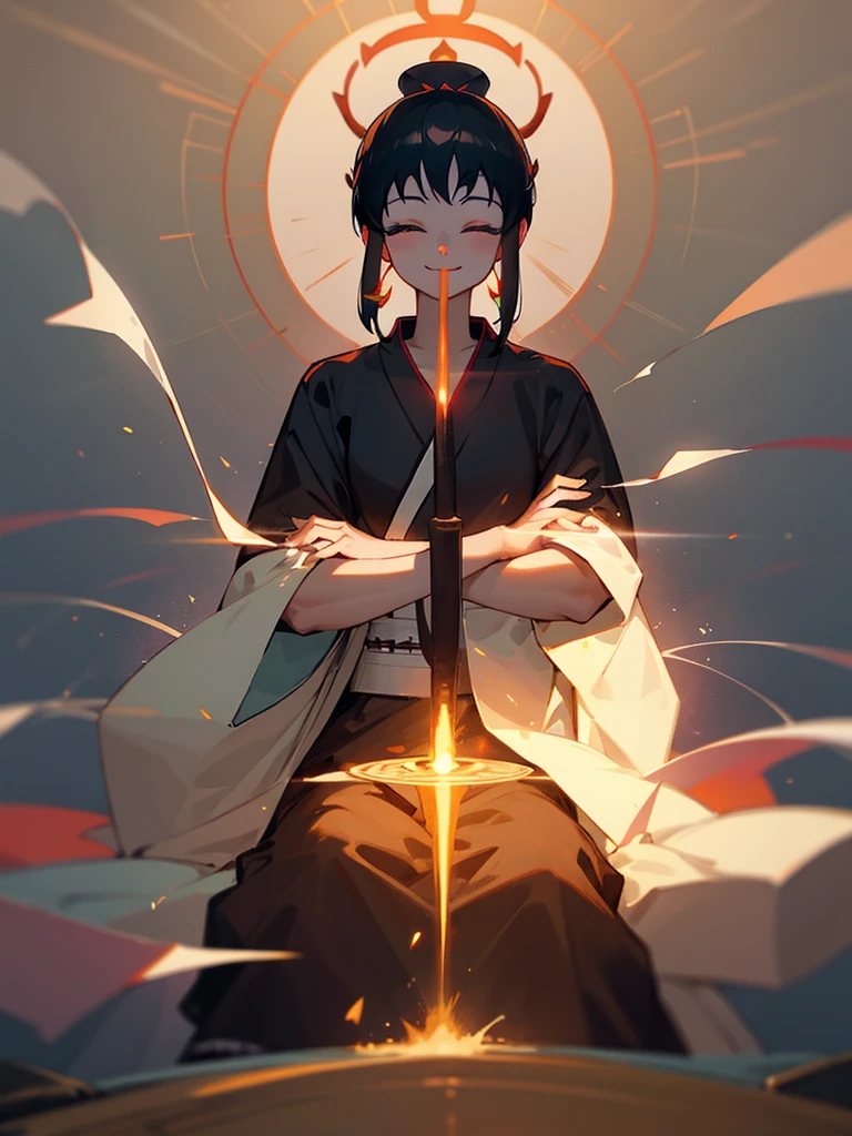 Amitabha Buddha smiling eyes closed zazen halo black hair hands together
