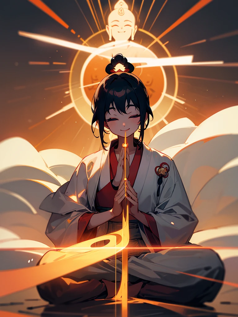 Amitabha Buddha smiling eyes closed zazen halo black hair hands together