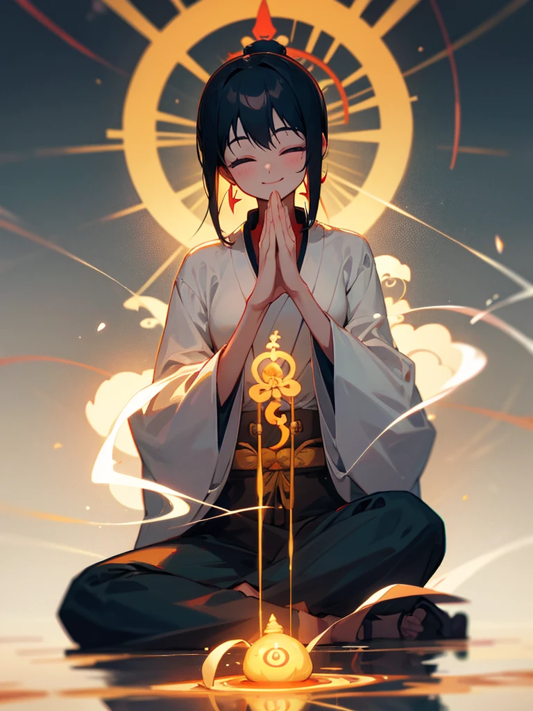 Amitabha Buddha smiling eyes closed zazen halo black hair hands together
