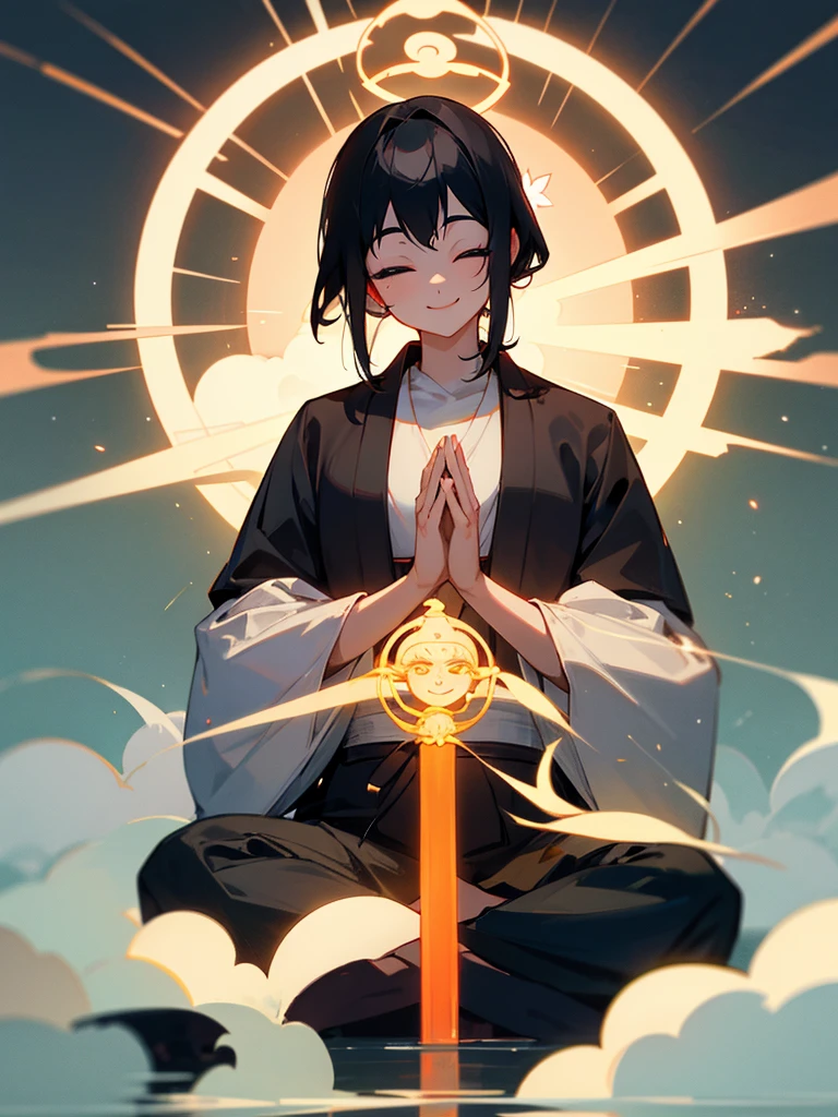 Amitabha Buddha smiling eyes closed zazen halo black hair hands together