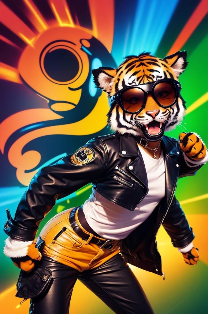 chibi character of A cool tiger dancing, dynamic pose, anthropomorphic, wearing sunglasses and a leather jacket, disco ball background, vibrant colors, digital art style