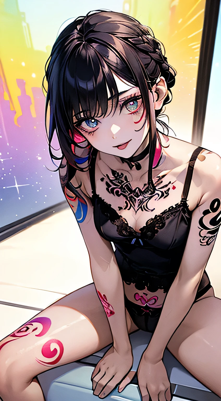 (masterpiece:1.1),(best quality:1.1),(ultra-detailed:1.0),(super detailed skin:1.0),(an extremely delicate and beautiful:1.3),(beautiful detailed eyes:1.2),(fair skin:1.2),(1 beautiful girl,20yo:1.5),(slender:1.3),(colorful tattoo:1.5),(random hairstyle:1.5),(micro lingerie set:1.3),(spread legs:1.5),(random angle:1.3),luxury hotel,glowing