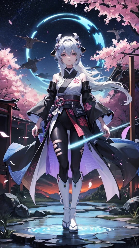 Sure, here’s a unique anime prompt for you:

---

**Prompt Title: "Celestial Samurai of the Lost Epoch"**

**Setting:** A futuristic, post-apocalyptic world where remnants of ancient Japan meet advanced technology.

**Description:** In a vast landscape where cherry blossom trees intertwine with cybernetic architecture, a lone samurai stands at the forefront of a ruined temple. The sky above is a mesmerizing blend of twilight hues, with auroras dancing across the heavens. The samurai's armor is a mix of traditional Japanese design and high-tech enhancements, glowing softly with neon blue and purple circuits. His katana, forged from a mysterious alloy, emanates an ethereal light, ready to cut through both time and space.

**Character Details:**
- **Protagonist:** A young, enigmatic samurai with a stoic expression, his eyes reflecting the lost histories and future possibilities. His hair, long and silver, flows gently in the wind, contrasting with the sharp, angular lines of his armored suit.
- **Companion:** A small, floating AI drone resembling a mystical fox spirit, its holographic body shimmering with ancient runes and modern digital codes.

**Background Elements:**
- **Ruined Temple:** Overgrown with bioluminescent flora, the temple’s structure merges Shinto architecture with futuristic elements. Holographic scrolls float around, displaying forgotten legends.
- **Sky:** A stunning blend of twilight blues, purples, and greens, with the Milky Way visible alongside futuristic satellites and distant space stations.
- **Environment:** The ground is a mosaic of cracked earth and technological remnants, with streams of digital data flowing like rivers, creating an eerie yet beautiful contrast.

**Art Style:** Hyper-detailed, with a focus on the interplay between traditional Japanese aesthetics and advanced technology. Vibrant, high-contrast colors with meticulous attention to light and shadow to create a dynamic, immersive scene.