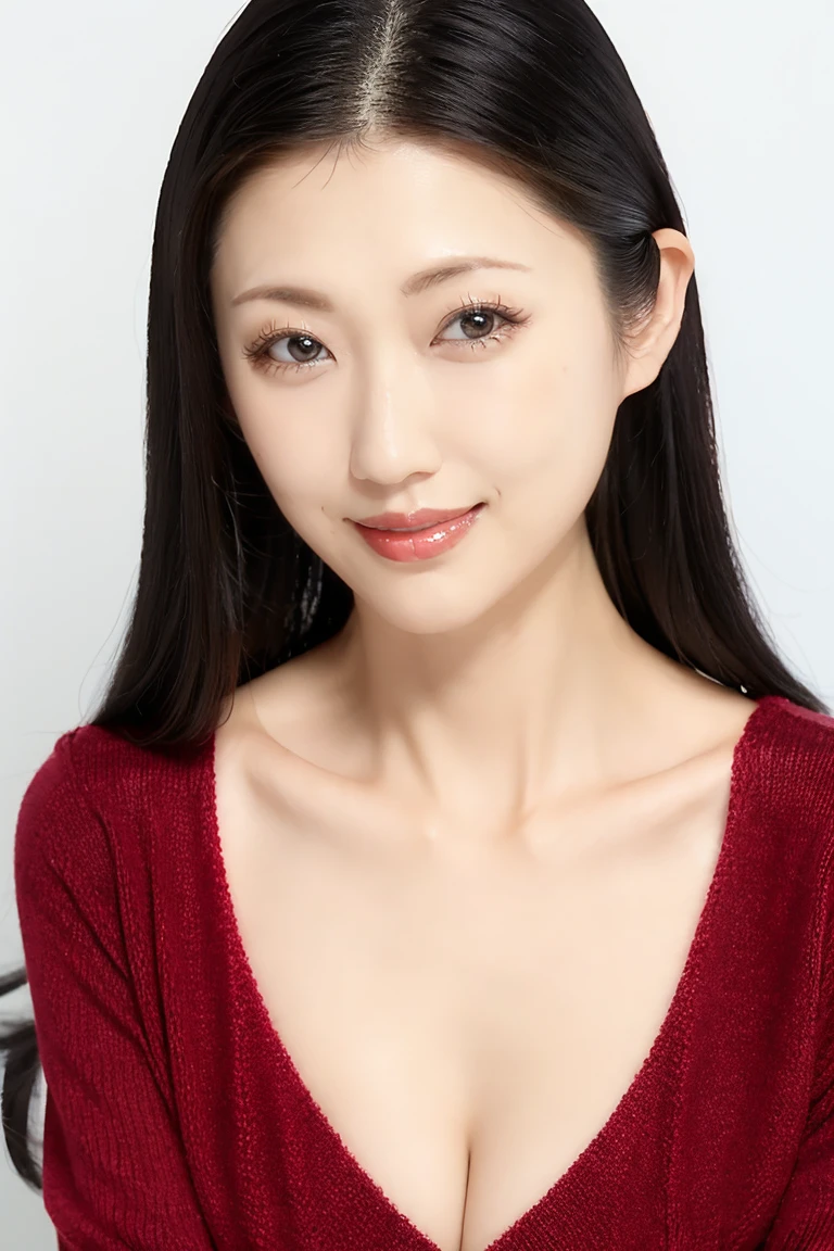 (Highest quality、Tabletop、8k、Best image quality、Award-winning works)、One beautiful woman、Beautiful and elegant long hair、Beautiful black hair、(alone:1.1)、(The perfect burgundy V-neck long sleeve knit:1.4)、(The simplest solid color background:1.4)、とてもLarge Breasts、Accentuate your body lines、Beautiful and exquisite、look at me、(Perfect Makeup:1.1)、Bright lipstick、Ultra-high definition beauty face、Ultra HD Hair、Ultra HD Shining Eyes、Ultra High Resolution Perfect Teeth、Super high quality glossy lip、Accurate anatomy、Very beautiful skin、Glowing skin in ultra-high resolution、An elegant upright posture when viewed from the front、(very bright and vivid:1.2)、(Slender body:1.2)、(Cleavage:1.1)、(Large Breasts:1.1)、Shiny, Bright lipstick、(Face close-up:1.3)、(50 year old mature woman:1.4)、(Wrinkled face:1.3)