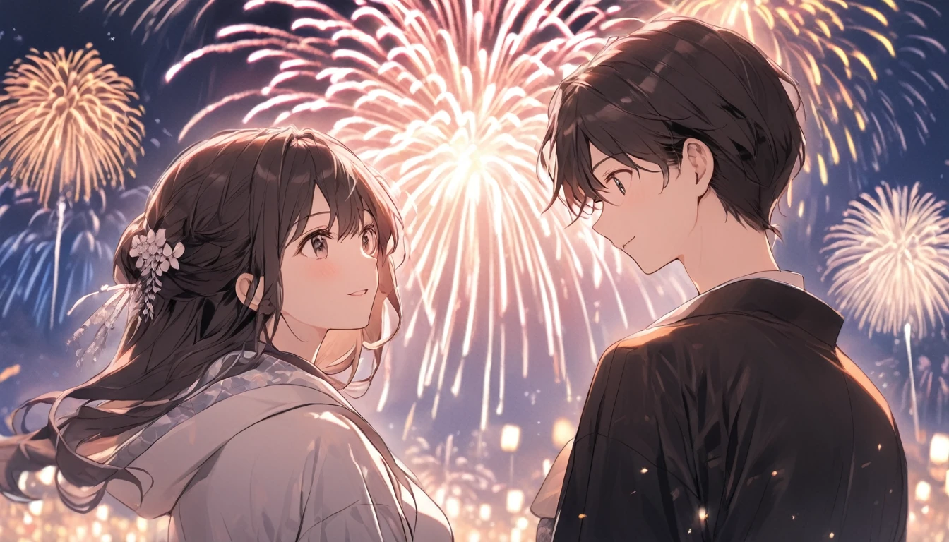 A scene of a woman and her partner gazing at each other during a night of fireworks