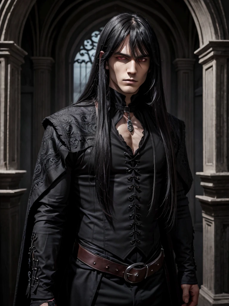 (best quality), 1boy, male, grey skin, black hair, long hair, bangs, slightly wavy hair, red eyes, perfect eyes, gothic clothes, vampire, muscular, royalty, serious, masterpiece, anatomically correct, highres
