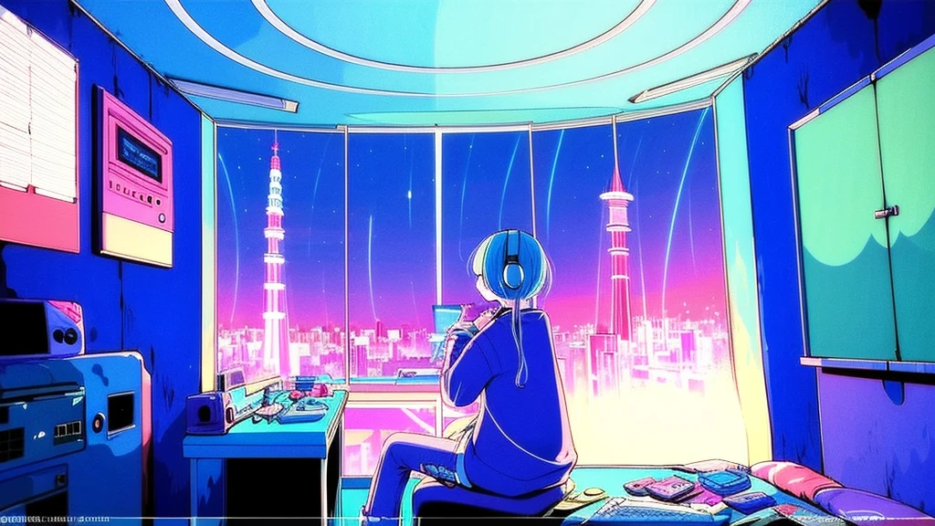 (From behind), Anime girl sitting in front of a computer in a cozy bedroom, Girl listening to music in a cozy room (night), Use headphones, On the roof, (beautiful night views from windows), Lots of things, 2D Anime Style, The aesthetics of anime in the 90s, Lo-Fi, Very detailed, hard disk, A mix of anime style and Fujifilm, Surreal, 8K, masterpiece