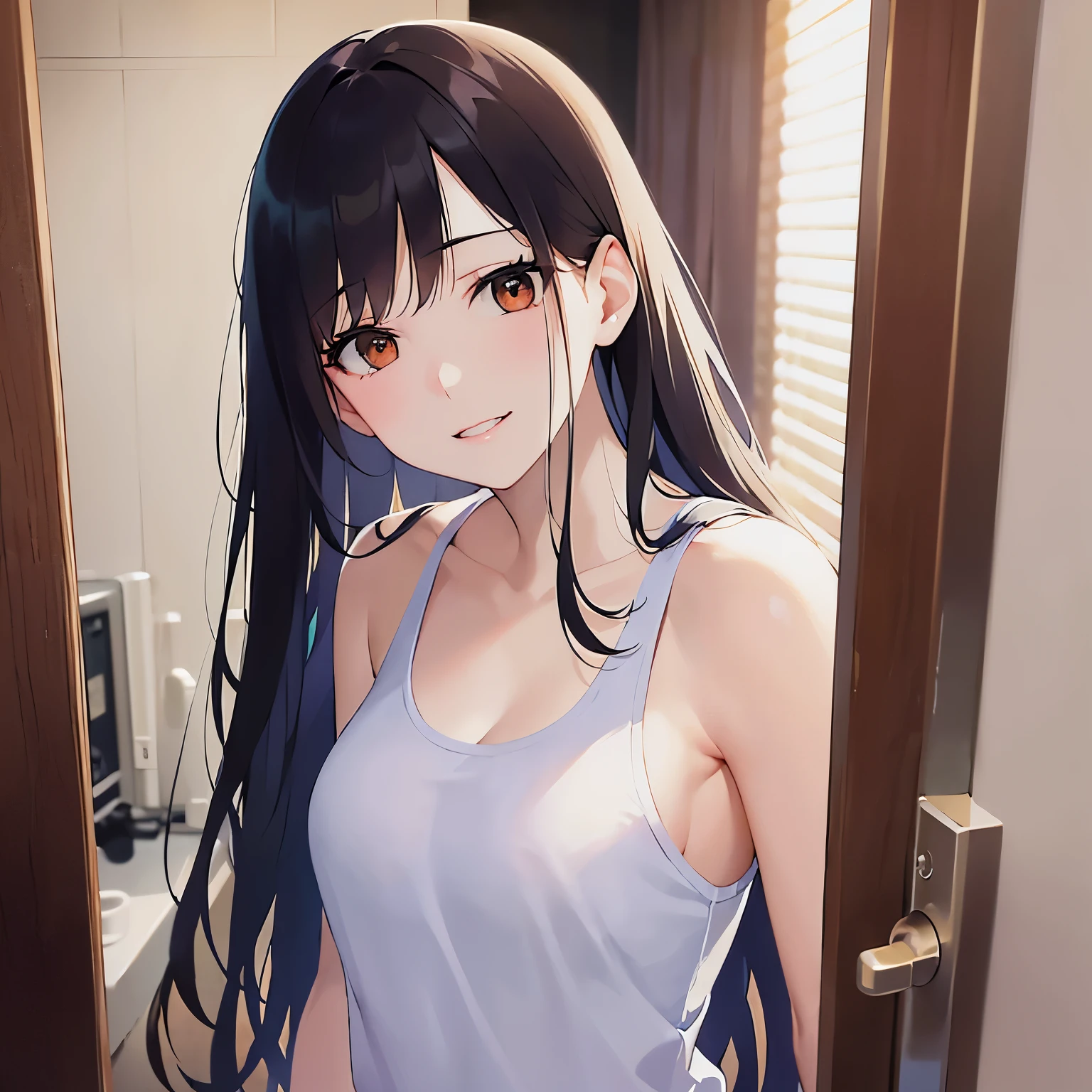 (looking to the side:1.5),leaning forward 、Shooting from the front、upper body,Realistic, real person, (pale skin: 1.2), RAW photo, photorealistic, shiny skin, shiny hair、 (A 25-year-old woman with medium-length hair and bangs) and (wavy hair) and (brown hair) and (Orange Eyes),smile、The background is the washroom,(yellow tank top)、opening the door