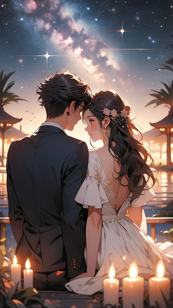 bonfire,Back view of couple in love,Starry Sky,