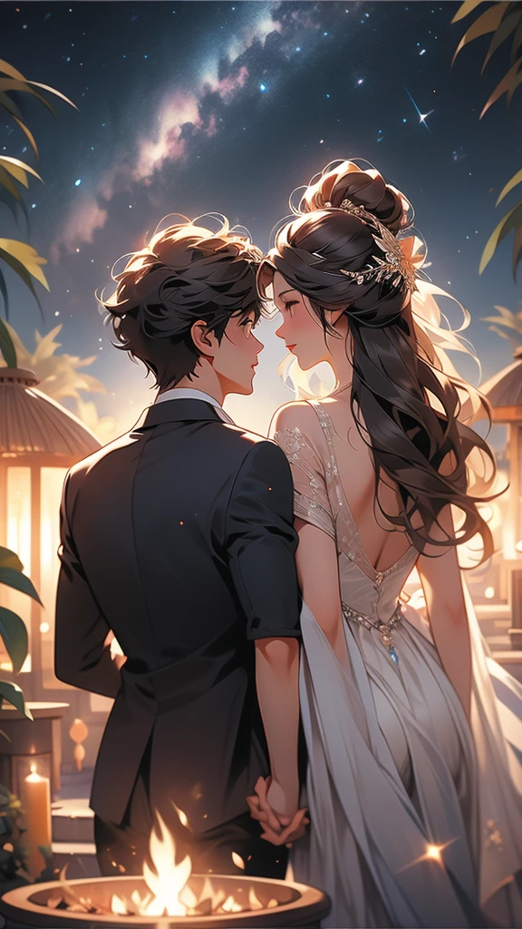 bonfire,Back view of couple in love,Starry Sky,