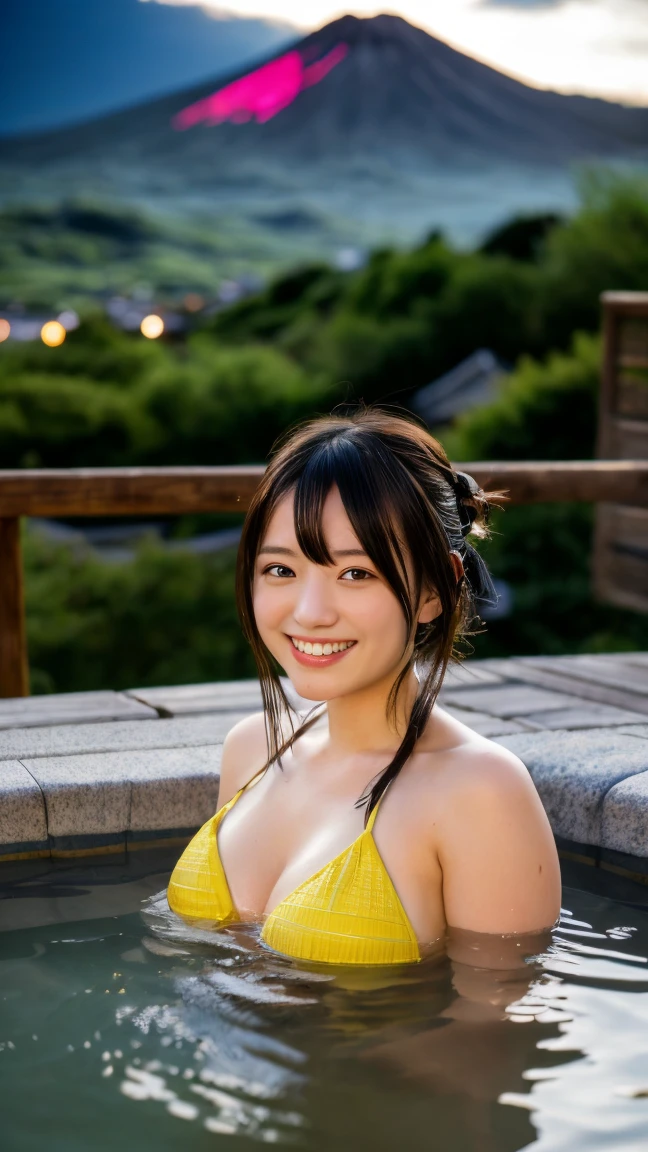 ((Onsen with a view of the volcano:1.3)), (masutepiece:1.3), (8K, Photorealistic, Raw photo, Best Quality: 1.4), Japanese, (1girl in), Beautiful face, (Realistic face), (Black hair), Beautiful hairstyle, Realistic eyes, Beautiful detailed eyes, (Realistic skin), Beautiful skin, Attractive, 超A high resolution, A hyper-realistic, Highly detailed, Golden ratio,. (3 Gills:1.5),  (Sony Alpha 1, 50.1 megapixel full-frame CMOS sensor, 8K video recording function), (telephoto lens), (Realistic),(8K, 超A high resolution, Best Quality, masutepiece:1.2),Ultra-detailed,beautifull detailed face, FULL ANATOMY,(Beautiful detailed eyes:1.3),18year old, masutepiece, Best Quality,Smile, Huge breasts,extremely delicate and beautiful,
Extremely detailed,
nffsw,
Unity,
8K Wallpaper,
amazing,
finely detail,
Ultra-detailed,
High resolution,
Extremely detailed,
extremely detailed eye and face,Wet, The whole body is immersed in hot water,Bath Towel Tube Top, (Hakone Onsen ,Kusatsu Onsen,Noboribetsu Onsen,Dogo Onsen,Beppu Onsen Village),Night,