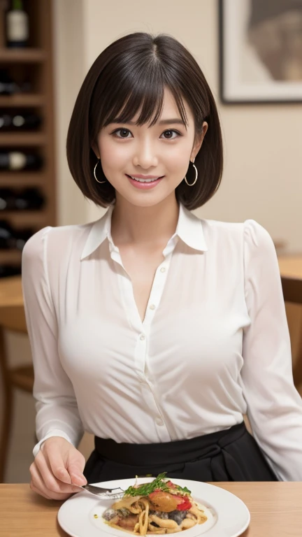 (masterpiece)、(Highest quality:1.5)、(Photorealistic:1.2)、(Surreal), (High resolution), (Realistic), (Post-processing),(Sharp focus), Sharp focus:1.2,Backlight, (Improvement of quality:1.4), (Narrow waist)、Big Ass、((Perfectly detailed five-fingered hands)),(Anatomically correct body)、((1 female:1.4))、Japanese、Realistic Skin、(Small chest:1.4)、Bust size is A cup、Pretty woman with perfect figure:1.4,(from the front:1.5), (Enhances the beauty of skin texture:1.1),No makeup、美しいBlack Hair、The best smile、Natural color lip、(Small Mouth:1.4)、The mouth is not open、Thick lips、(Oval Face)、Even bangs、Hide eyebrows with bangs、((33-year-old woman))、Bob Hair、Hair blowing in the wind, (Black Hair, Iris, Watery eyes, Shining Eyes, Bob Cut Hair, Small earrings,), Hair behind the ear、No makeup、(Drooping eyes)、(((One lovely woman)),((A big friendly smile)),(( Small breasts,Small breastsの谷間)),((((Plump Cheeks)))),((whole body:1.5)),very cute,(Baby Face),高級restaurantで、full-course dinner、Wine Party、Bright image、The beauty of wine, Beautiful Face, red wine 、Appetizers、Italian food、Wine bottle、Champagne、sparkling wine、(slimな顔), (The body is slim),restaurant, White wine, slim, wine glass, 中央に置かれたwine glass, Beautiful fine grain, Depth f/2,saturation, High Contrast, Strong light and shadow,Moist Body:1.5、3D texture、Delicate eyes、((In front of the food on the table:1.5))、White collar shirt and tie、erious expression