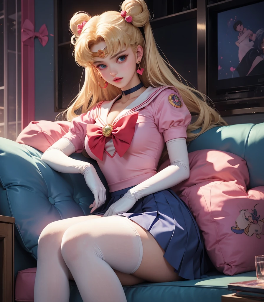 (masterpiece),(sailor moon) (risograph) best quality, full-body shot, expressive eyes, perfect face, medium breast, good breast, beautiful, gorgeous ,sitting on a couch, blonde, medium shot, indoors, lab, cleavage, aausagi, double bun, twintails, parted bangs, circlet, jewelry, earrings, choker, red bow, white gloves, elbow gloves, blue skirt, feminine, blushing,