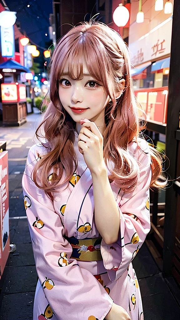 An anime-style illustration of the woman with long pink hair and E-cup breasts, wearing a yukata, leaning towards the viewer for a kiss. She is blushing slightly, and the background is a night sky with festival lights softly glowing.