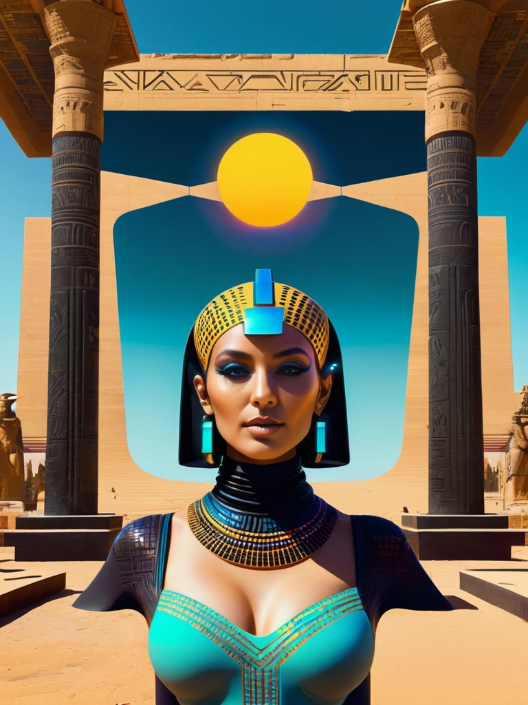 Square album cover, electronica, compilation album, female dj, face obscured, chilled out beats, abstract patterns, futuristic ancient Egyptian elements, Cyberpunk 2077 colors but not as dark, Russian constructivist influence, the sun, science-related ideas, abstract statues