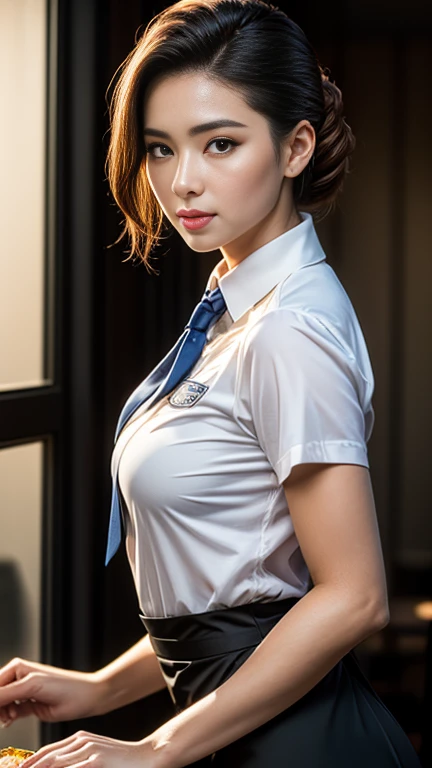 (8K, RAW Photos, 最high quality, masterpiece: 1.2), (Realistic, photoRealistic: 1.37), 1 A woman wearing a waitress uniform standing on the sidewalk, , Professional Lighting, Photon Mapping, , Brazilian women, Torn, Sommelière、, Incredibly beautiful face、Playmate proportions、Sommelièreのユニホーム、,At a fine dining restaurant，Carry dishes、 masterpiece, 最high quality, high quality, High resolution, big , (Face close-up),working at a restaurant、Hair is tied、Updo、Tie your hair tightly、Slicked back hair、The ultimate revealing wear、Uncontrollable orgasm、Ahan、Still not enough pleasure、I want a new orgasm、Seeking Pleasure、