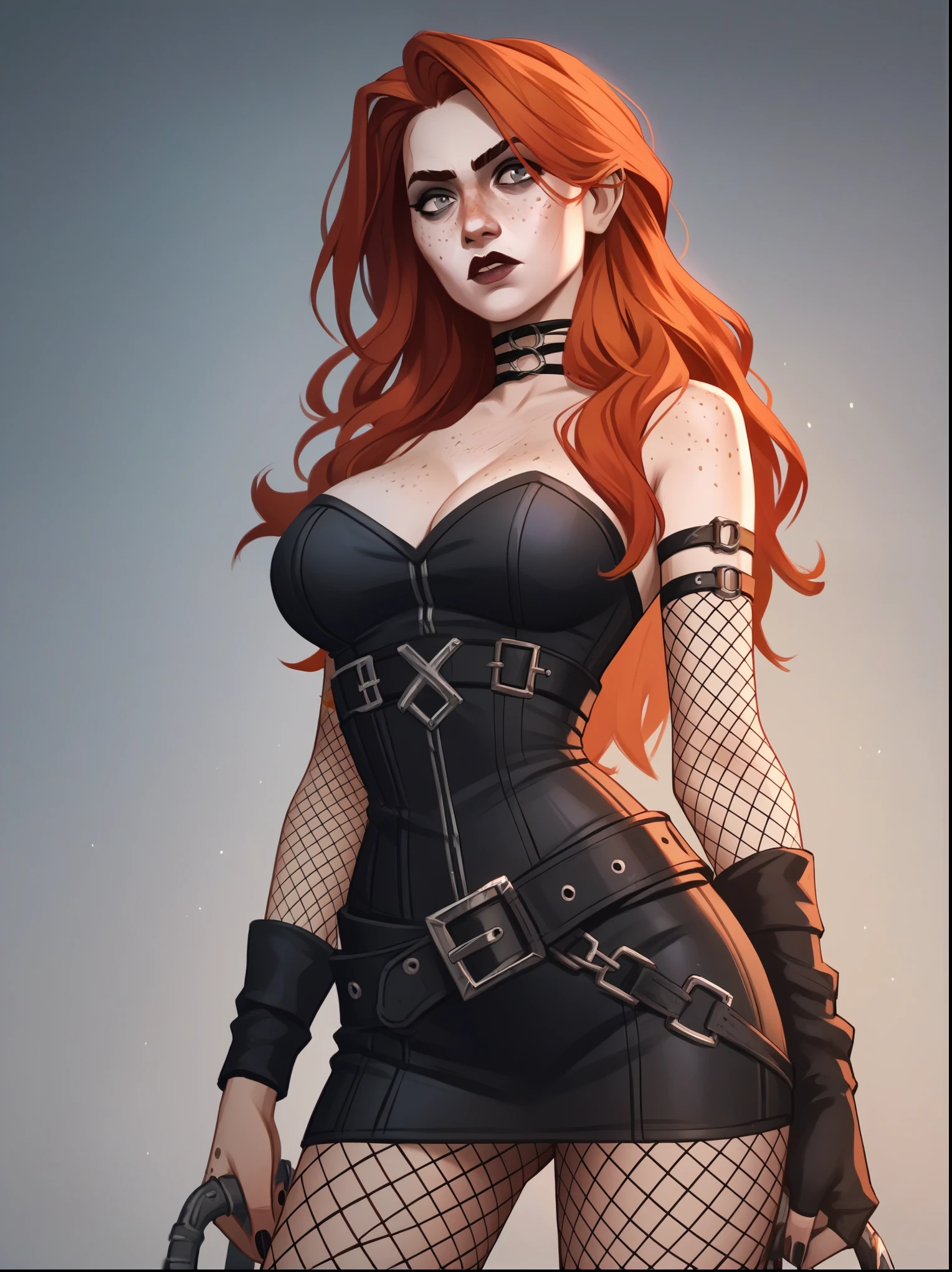 score_9, score_8_up, score_7_up, score_6_up, score_5_up, score_4_up, BREAK source_anime,rating_risky, a girl, 4rc4n3, 1girl, ginger, grey eyes, freckles, long hair, large breasts, fishnets, gothlighting