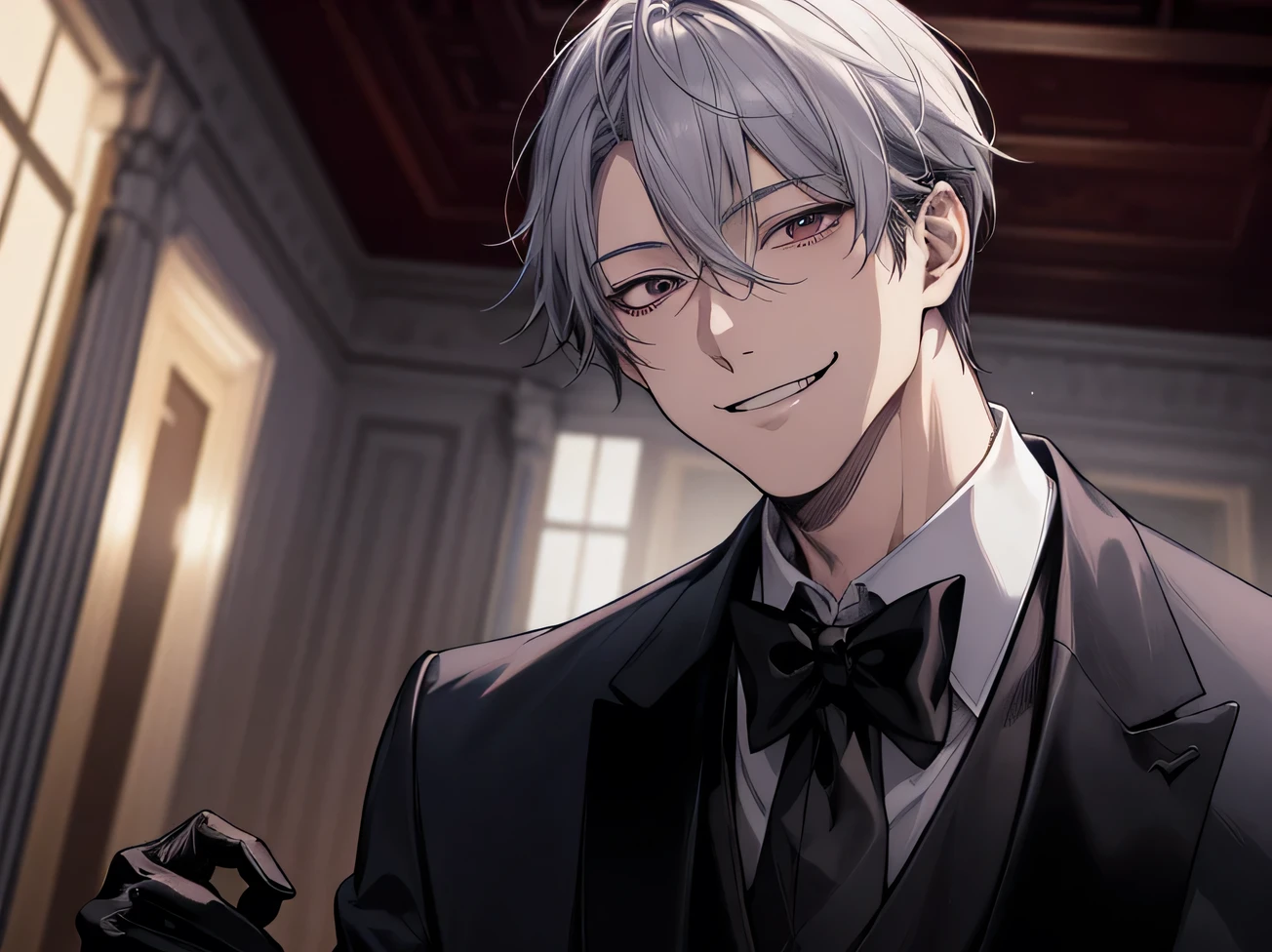 (Dark Room)、Night atmosphere,Dynamic Angle,masterpiece,Face close-up,Angle from below,male, 40 years old,(male1 person)、alone,Adult,Sharp Eye,Evil ,Gray Hair,,Kakiage,Nice black tuxedo,Wear gloves, smile,night,Mansion rooms