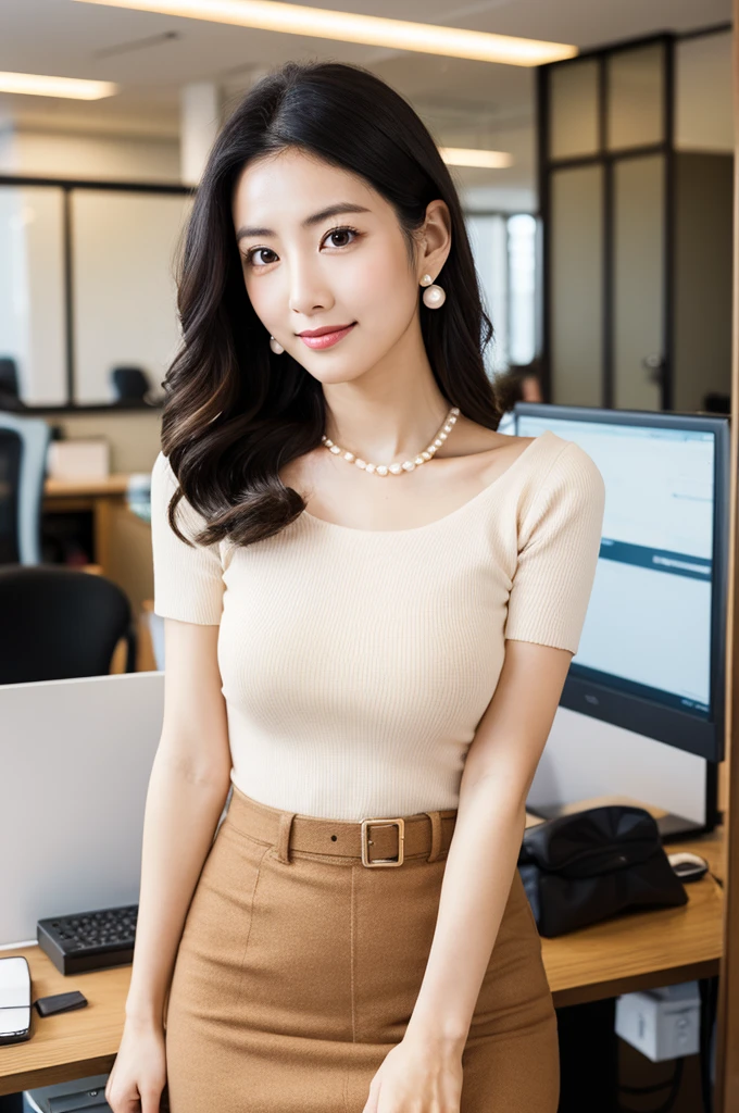 company office,executive secretary,okinawa,((full body)),((photo)),((best qualtiy, 8K, tmasterpiece:1.3)), Focus:1.2, perfect figure beautiful girl:1.4,1girl,cowboy shot,look at viewer, eyes facing the camera,incredibly absurd, beautiful and cute girl with a photorealistic face, showcasing top-quality craftsmanship, Japanese woman working in an office, 22 years old, hairstyle is black bob hair, inward curling hair reaching the jaw line, thin and soft hair, wide forehead with beautiful hairline, thin eyebrows, large almond-shaped eyes, light brown eyes, long eyelashes, double eyelids, straight nose, small lips, smile with upturned corners, fair and translucent skin, plump cheeks, cute impression, glamorous, tall, well-balanced proportions, large E-cup breasts, beige V-neck knit, white tight skirt, heeled pumps, pearl necklace and earrings, small bag, gold watch, beautiful, pretty older woman, neat, serious, hardworking, kind, considerate, highly trusted by those around her, April