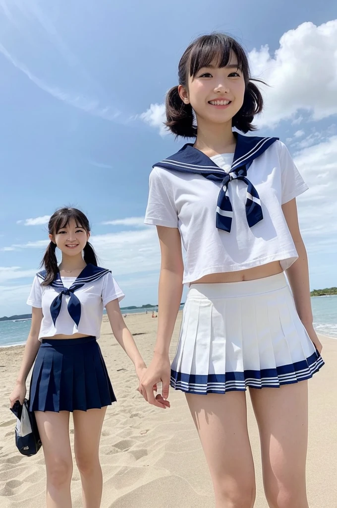 {2 | 3 | 4} girls walking in rural school beach,cumulonimbus cloud in summer sky,white thong,sailor shirt over,navy blue pleated micro mini skirt,18-year-old,bangs,a little smile,thighs,knees,short hair with low pigtails bunches,from below,front light