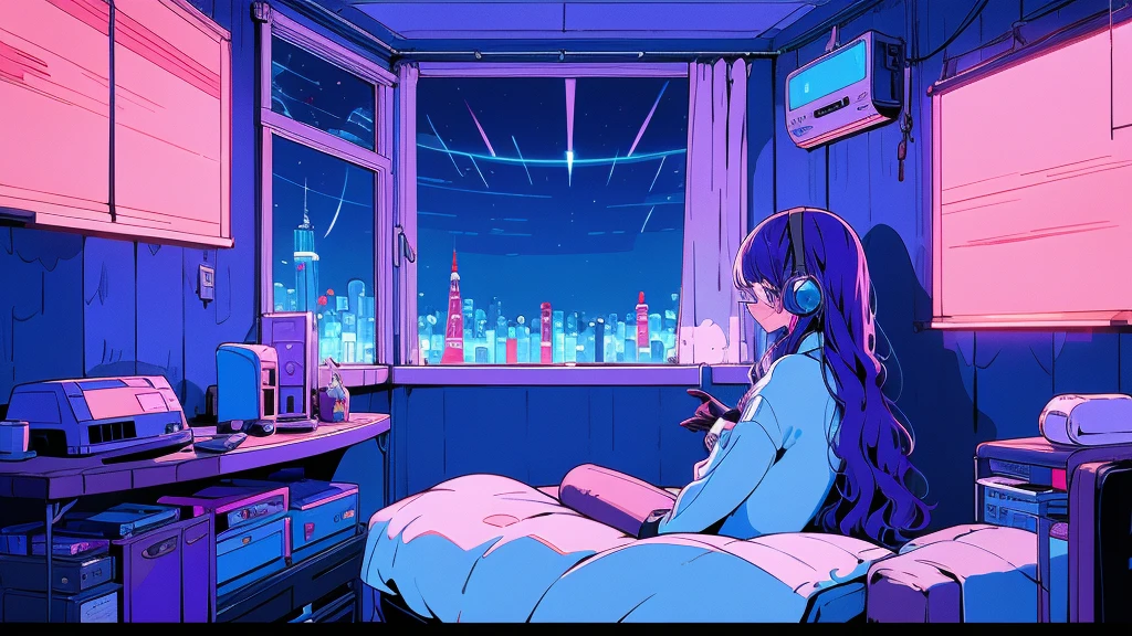 (from behind), Anime girl sitting in front of a computer in a cozy bedroom, Girl listening to music while studying in a cozy room (night), round glasses, Using headphones, on the roof, (beautiful night views from windows), lots of things, 2D anime style, The aesthetics of anime in the 90s, lo-fi,  long hair, very detailed, Hard disk, A mix of anime style and Fujifilm, surreal, 8K, masterpiece, violet eyes,black gloves, round glasses, long sleeves,violet hair, Flat Chest, smile, pantyhose