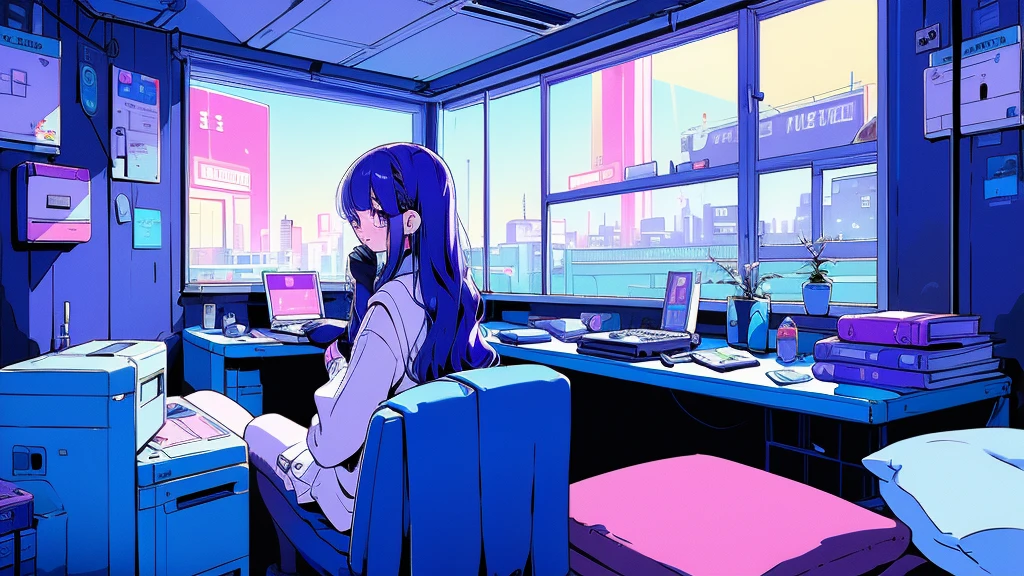 (from behind), Anime girl sitting in front of a computer in a cozy bedroom, Girl listening to music while studying in a cozy room (night), round glasses, Using headphones, on the roof, (beautiful night views from windows), lots of things, 2D anime style, The aesthetics of anime in the 90s, lo-fi, long hair, very detailed, Hard disk, A mix of anime style and Fujifilm, surreal, 8K, masterpiece, violet eyes,black gloves, round glasses, long sleeves,violet hair, Flat Chest, smile, pantyhose