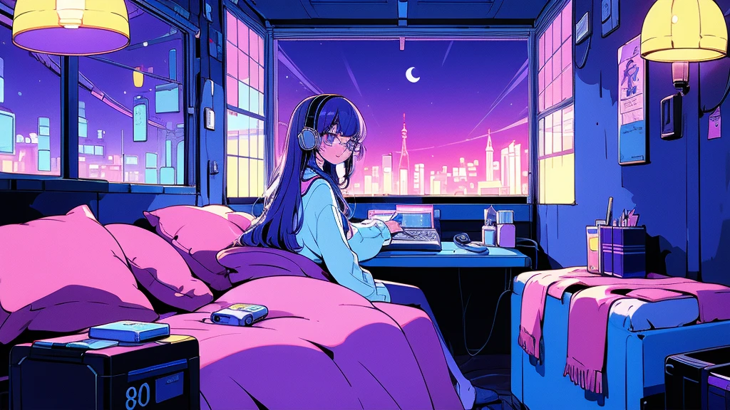 (from behind), Anime girl sitting in front of a computer in a cozy bedroom, Girl listening to music while studying in a cozy room (night), round glasses, Using headphones, on the roof, (beautiful night views from windows), lots of things, 2D anime style, The aesthetics of anime in the 90s, lo-fi,  long hair, very detailed, Hard disk, A mix of anime style and Fujifilm, surreal, 8K, masterpiece, violet eyes,black gloves, round glasses, long sleeves,violet hair, Flat Chest, smile, pantyhose