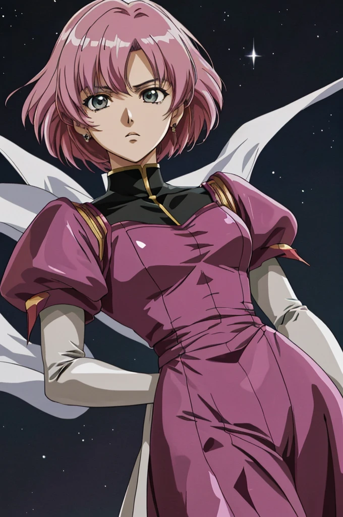 Highest quality, masterpiece, High resolution, alone, (Haman Khan),(機動戦士ZGundam),(Zeon_uniform),(Black‗Mantle),(pink_Hair Color),Gundam,Cybele,(Funnel)、Bob haircut,Bangs‗Hairstyle,Young Girl,Starry Sky_background,Anime Style, Highest quality, 4K, masterpiece,, alone, 1,whole body,looking at the camera, Shinkai Makoto style, Sharp Eyes,(Full Finger), (Accurate fingertips), (The finer details), (Anatomically correct), (映画のbackground), Hyper Detail, (Subtle details), (Intricate details),