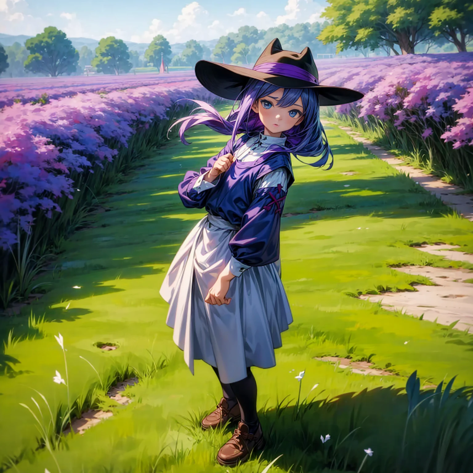 1childern girl, Full body version, 1character,  version, blue eyes color, long haircut, purple colour hair, maid medieval style clothing, cowboy hat, Grassroots, background in green field, motion blur, (Hunter x Hunter style)