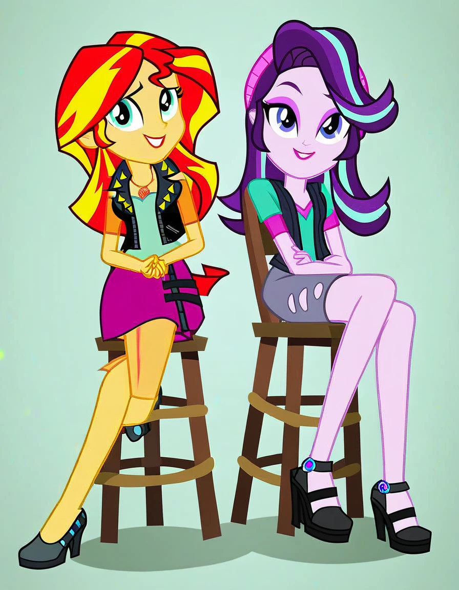 score_9, score_8_up, score_7_up, score_6_up, cartoon, human, equestria girls, sunset shimmer, starlight glimmer, duo female, chair, ropes trapped, vector, show accurative, light colors, cartoon, Sunset and Starlight are wearing miniskirt, high heels and zippered jackets. They are also wearing lipstick and painted eyelids. Sunset and Starlight are smiling, looking at you