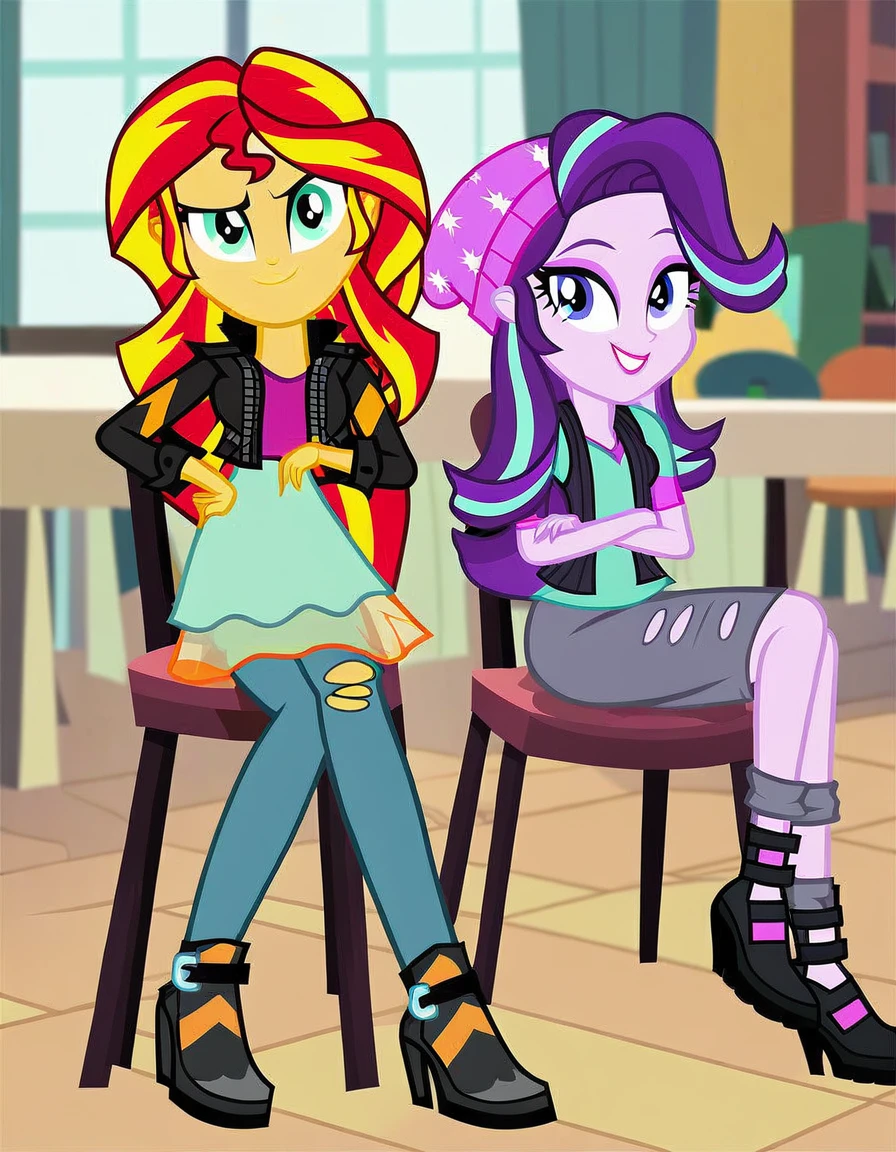 score_9, score_8_up, score_7_up, score_6_up, cartoon, human, equestria girls, sunset shimmer, starlight glimmer, duo female, chair, ropes trapped, vector, show accurative, light colors, cartoon, Sunset and Starlight are wearing miniskirt, high heels and zippered jackets. They are also wearing lipstick and painted eyelids. Sunset and Starlight are smiling, looking at you