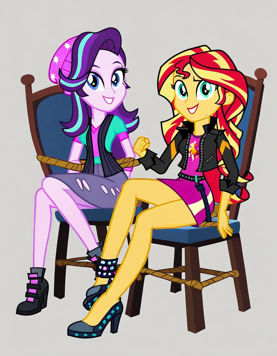 score_9, score_8_up, score_7_up, score_6_up, cartoon, human, equestria girls, sunset shimmer, starlight glimmer, duo female, chair, ropes trapped, vector, show accurative, light colors, cartoon, Sunset and Starlight are wearing miniskirt, high heels and zippered jackets. They are also wearing lipstick and painted eyelids. Sunset and Starlight are smiling, looking at you