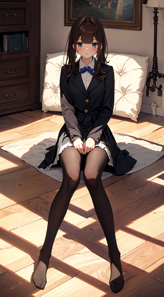 Top quality, masterpiece, High resolution, (Head to toe full body), front, frontやや下からの構図, Symmetric, Tall 18 year old girl, alone, (Head to toe), (Small breasts), Unkempt brown hair, bangs, (black tights), (Black Pantyhose), (Sit with your legs apart), (Crouching pose), (A composition showing white panties), (Her legs were spread、I see your white pants.), (I was made to sit on the floor with my legs spread..), (M-shaped legs), Thin legs, A very beautiful and tall 18 year old girl, (No shoes), blush, Shy big eyes, looking at the camera, Blazer Uniform, Checkered Pleated Skirt