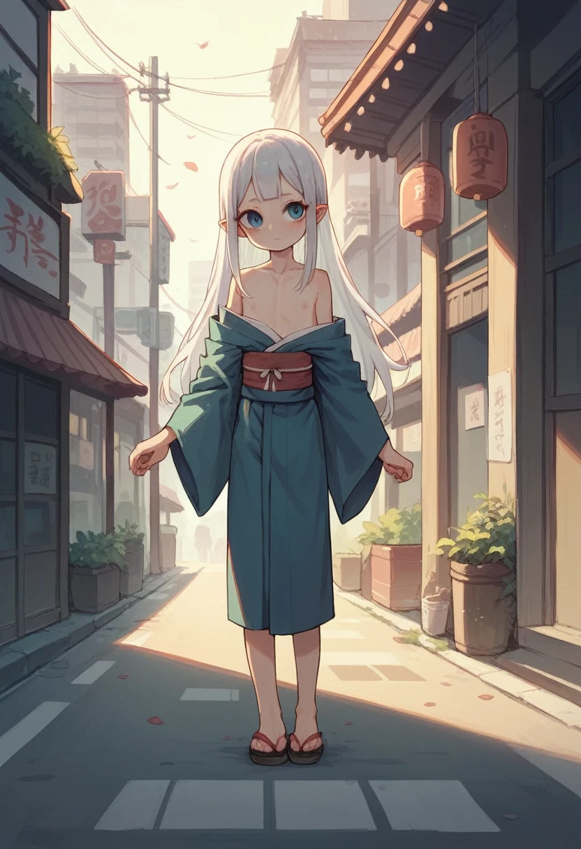 girl, japanese clothes,((flat chest)),slender,long hair,(loli),white hair, city street