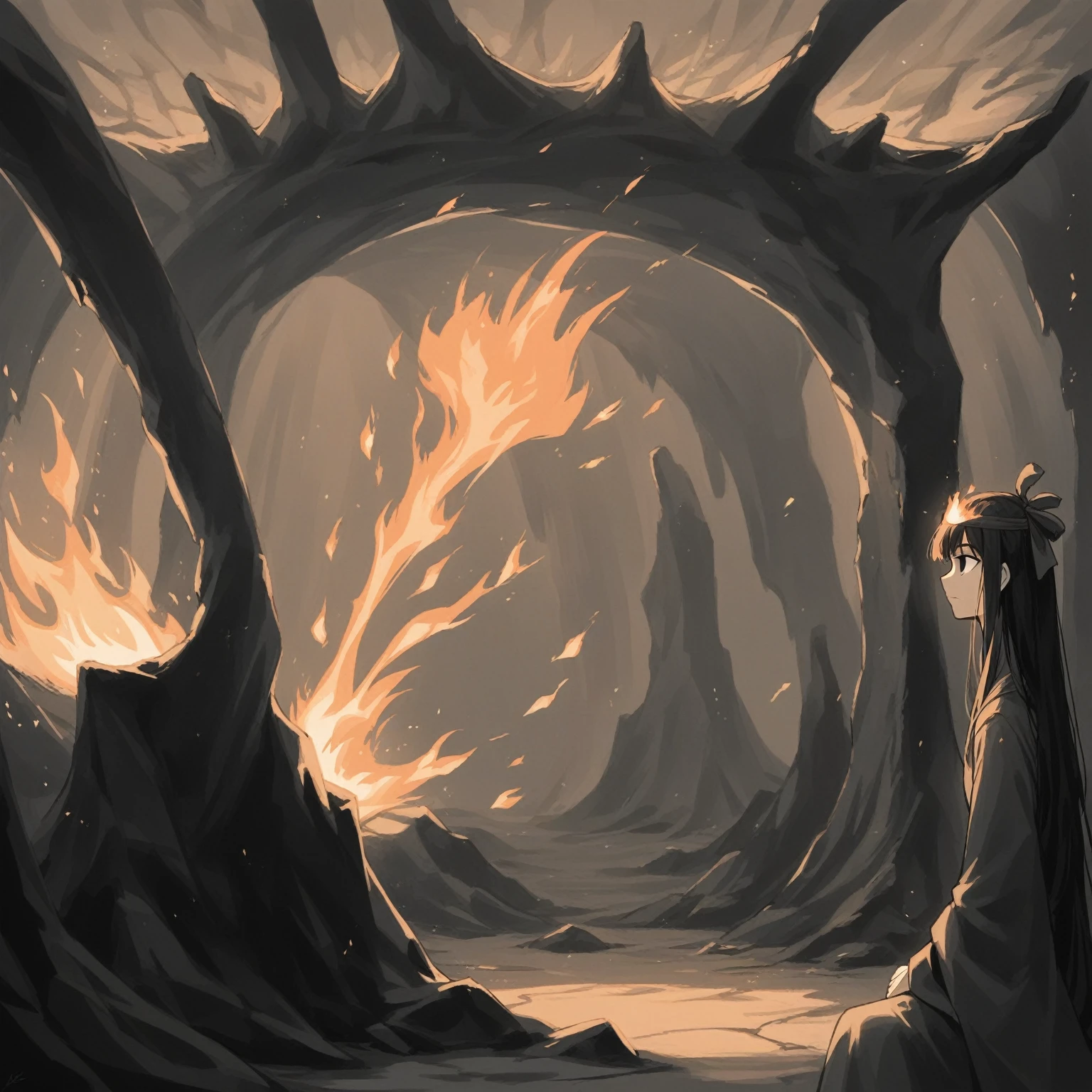 (best quality, masterpiece), (1girl, solo,brown robe, expression face, looking away, sitting, wide sleeves, black eyes, closed mouth, ribbon shape fire on head, long hair, cowboy shot), (Monochrome, night sky at cave entrance , light rising from the bottom, inside Cave, floating glowing bunch of white particles, burning fire at hand, floating many small fires),