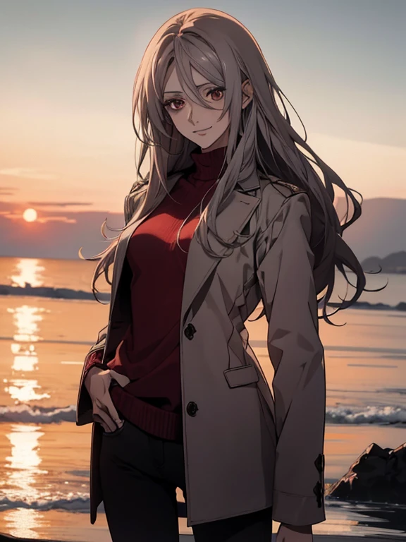 (Confused, High resolution, Very detailed), 1 female, Silver Hair,Long Hair,Reddish brown eyes,Deep red sweater,skinny pants,24th generation,beauty,mature,thin,quiet,Calm,A small smile,Long coat,Sea at dawn,Small breasts,thin