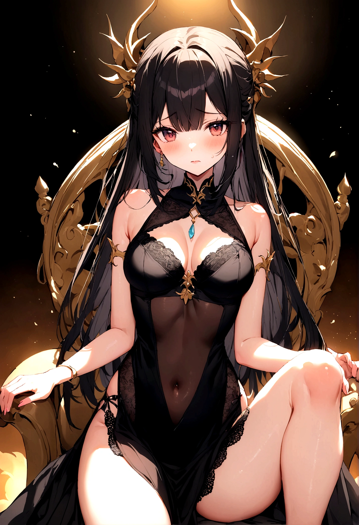 Ultimate Douluo Lan Xuanyu sexy evening dress,Lace hollow transparent camisole underwear,dark,Nervous fun,sit,Lan Xuanyu women's clothing golden dragon princess,萝莉dark晚礼服高跟鞋,Sexy lace front split legs,All black