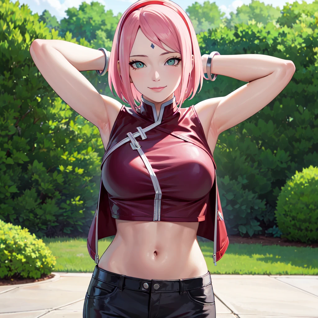 masterpiece, best quality,sharpness,absurdres ,1girl, haruno sakura,forehead mark, red hairband,, bracelet, looking at viewer, (arms behind head:1.1), smile,, middle large breasts,standing in a garden,arms behind back,closeup,only upperbody ,open leather jacket,bikini