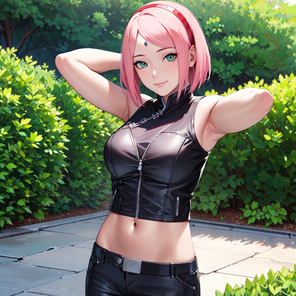 masterpiece, best quality,sharpness,absurdres ,1girl, haruno sakura,forehead mark, red hairband,, bracelet, looking at viewer, (arms behind head:1.1), smile,, middle large breasts,standing in a garden,arms behind back,closeup,only upperbody ,open leather jacket,bikini