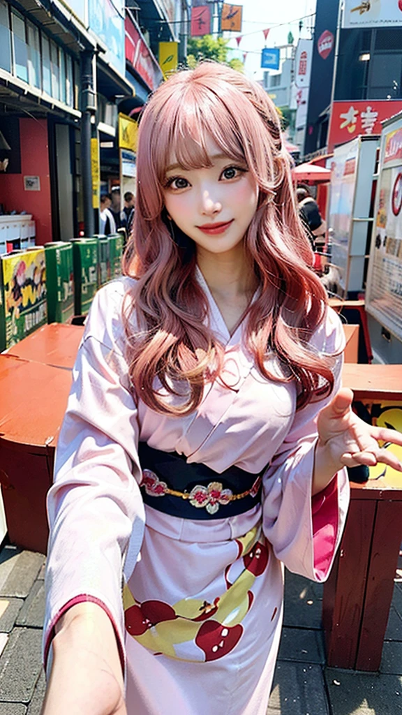 An anime-style illustration of the same woman with long pink hair and E-cup breasts, happily greeting someone (viewer’s perspective) at a festival. She is still in her yukata, with colorful stalls and a lively festival crowd in the background.