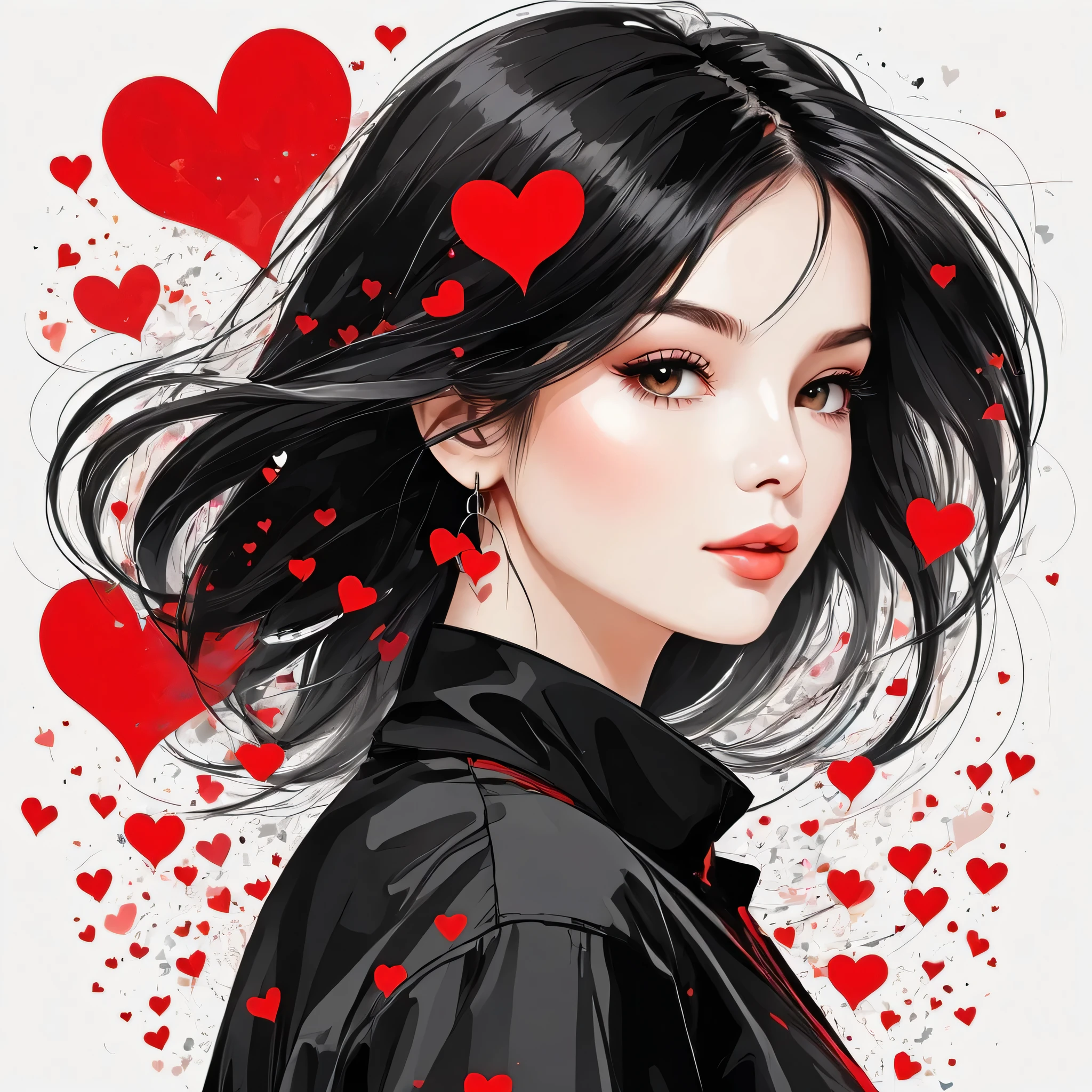 Black Star Red and White style, Simple Line Initialism,Abstract art,Urban Background, colorful hearts ,(((The most beautiful girl of all time))),