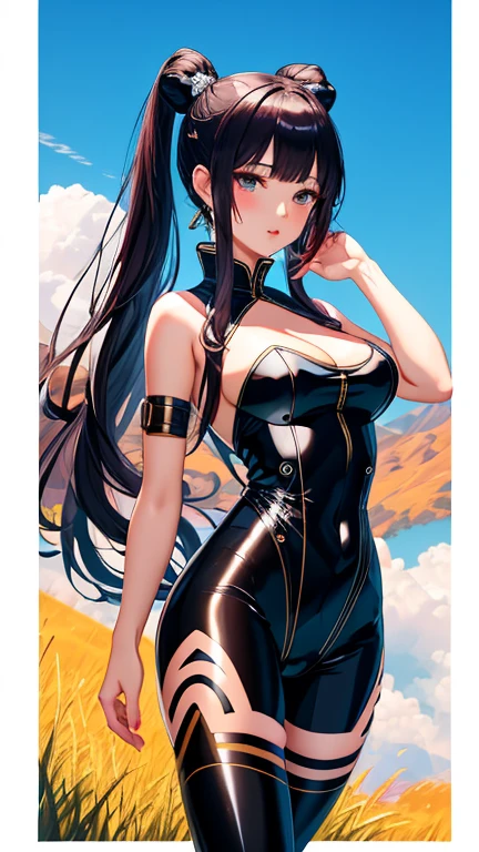 best quality, 1 Girl, Masterpiece with extreme detail, illustration, Yang Guifei, Glossy lips, permanent, Ponytail, Tights, Bodysuit, Grass