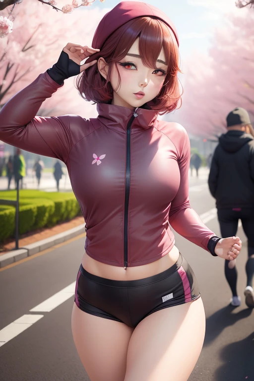 Beautiful and attractive anime woman, 魅惑的なAnime Girls, Top rated on pixiv、Short Bob、spatoving、Athletics、Run a marathon Highest quality, High resolution,Whimsical, Anime Girls, cherry blossoms, spring, pastel colour, Hand-drawn style, High resolution Eyes le