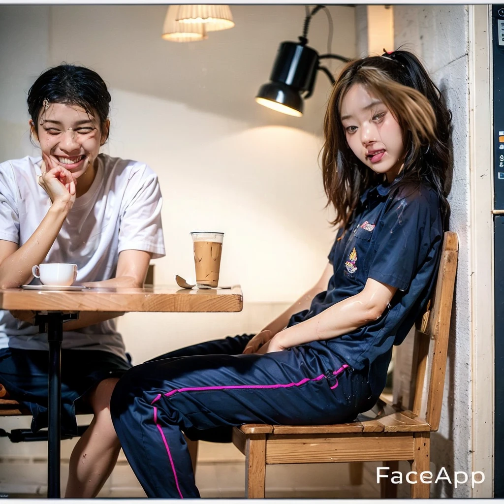 Songkran, wet street , A very realistic girl, wet soaked, drop, wet clothes, wet skin, wet hair, 8k, Masterpiece, realistic, beautiful,purple efficiency,Navy trousers,wet:1.5,dirty white powder