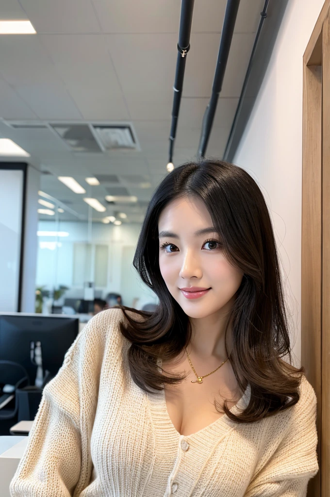 company office,executive secretary,okinawa,((full body)),((photo)),((best qualtiy, 8K, tmasterpiece:1.3)), Focus:1.2, perfect figure beautiful girl:1.4,1girl,cowboy shot,look at viewer, eyes facing the camera,incredibly absurd, beautiful and cute girl with a photorealistic face, showcasing top-quality craftsmanship, Japanese woman working in an office, 22 years old, hairstyle is black bob hair, inward curling hair reaching the jaw line, thin and soft hair, wide forehead with beautiful hairline, thin eyebrows, large almond-shaped eyes, light brown eyes, long eyelashes, double eyelids, straight nose, small lips, smile with upturned corners, fair and translucent skin, plump cheeks, cute impression, glamorous, tall, well-balanced proportions, large E-cup breasts, beige V-neck knit, white tight skirt, heeled pumps, pearl necklace and earrings, small bag, gold watch, beautiful, pretty older woman, neat, serious, hardworking, kind, considerate, highly trusted by those around her, April