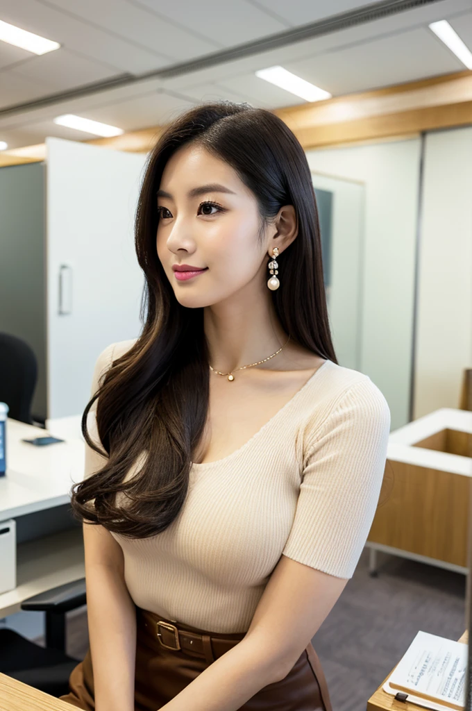 company office,executive secretary,okinawa,((full body)),((photo)),((best qualtiy, 8K, tmasterpiece:1.3)), Focus:1.2, perfect figure beautiful girl:1.4,1girl,cowboy shot,look at viewer, eyes facing the camera,incredibly absurd, beautiful and cute girl with a photorealistic face, showcasing top-quality craftsmanship, Japanese woman working in an office, 22 years old, hairstyle is black bob hair, inward curling hair reaching the jaw line, thin and soft hair, wide forehead with beautiful hairline, thin eyebrows, large almond-shaped eyes, light brown eyes, long eyelashes, double eyelids, straight nose, small lips, smile with upturned corners, fair and translucent skin, plump cheeks, cute impression, glamorous, tall, well-balanced proportions, large E-cup breasts, beige V-neck knit, white tight skirt, heeled pumps, pearl necklace and earrings, small bag, gold watch, beautiful, pretty older woman, neat, serious, hardworking, kind, considerate, highly trusted by those around her, April