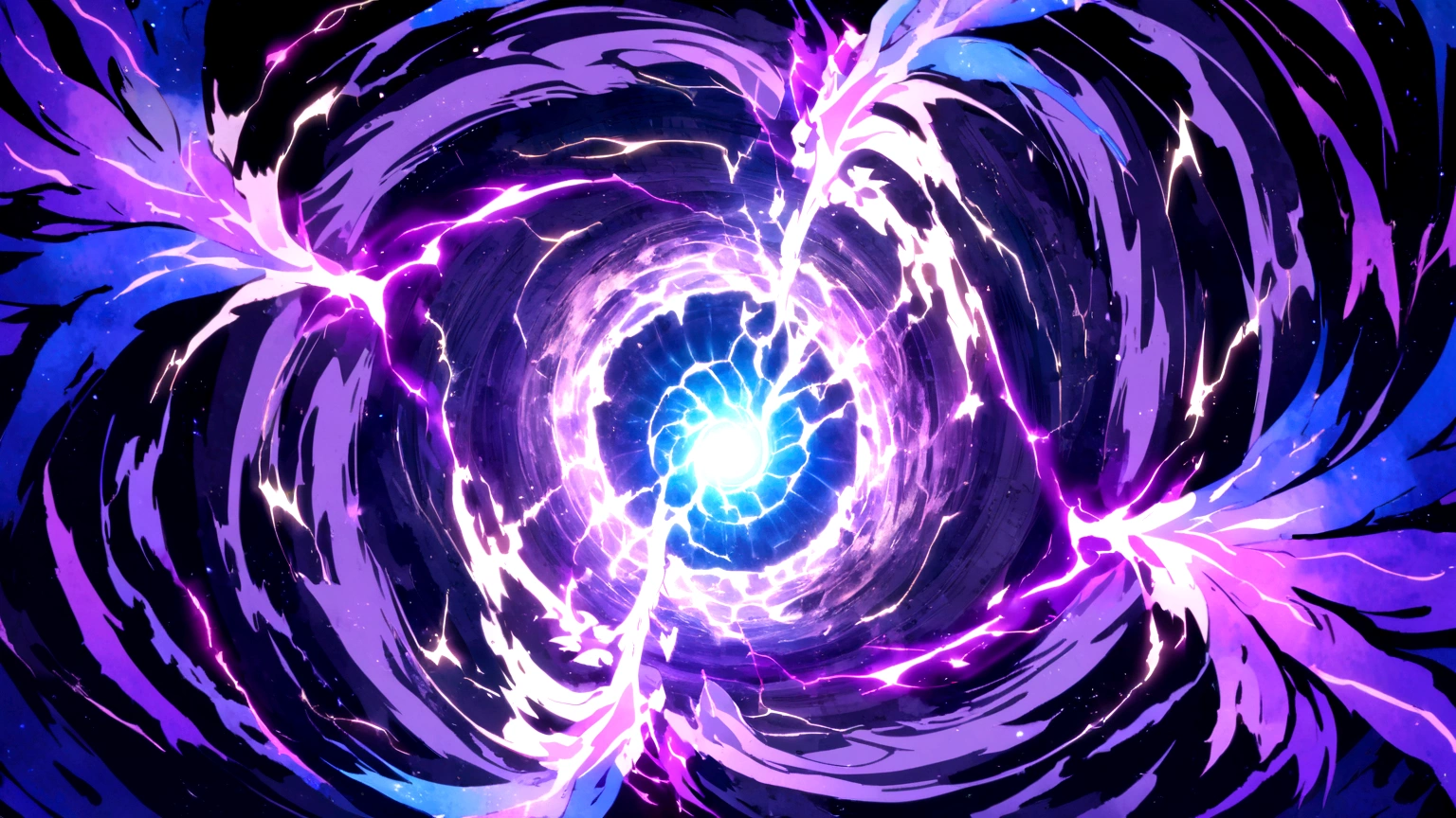 "mystical portal, anime style, view from inside vortex, swirling colors, electric blue and purple hues, bright beams of light, lightning sparks, dramatic, ethereal glow, no people, intense energy waves, dark surrounding edges, portal interior perspective