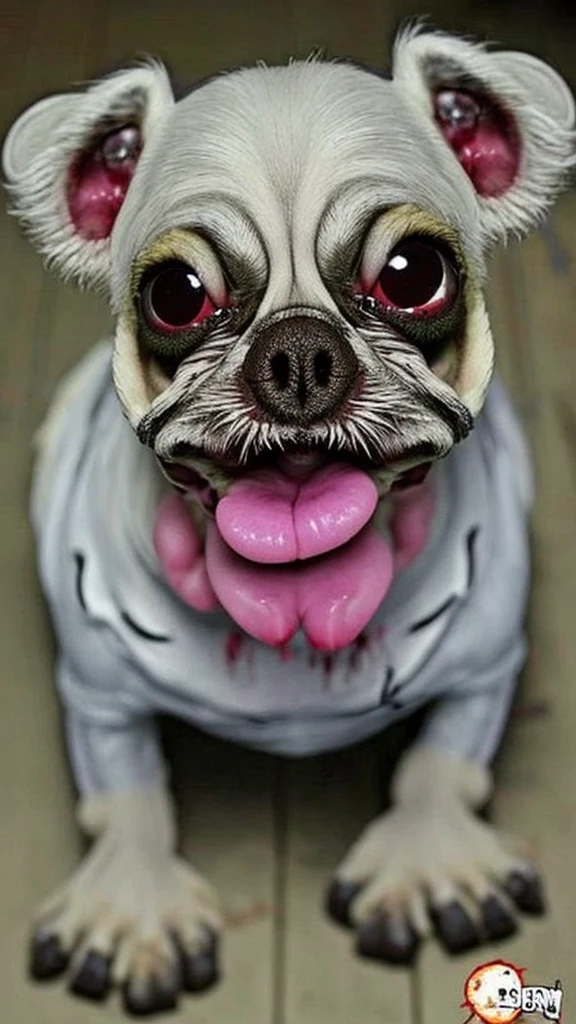 bulging eyes, googly eyes, big eyes, small dog, ugly, vicious dog, angry, bloody, zombie dog, alien
